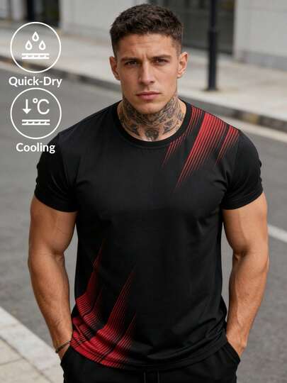Men's Casual Color Block T-Shirt, Summer Round Neck Sports Short Sleeve Top, Suitable For Outdoor Leisure And Sports Wear