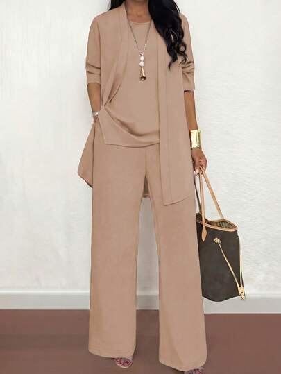 3-Piece Plus Size Women Casual Solid Color Outfit: Jacket/Cardigan + Round Neck Sleeveless Top + Elastic Waist Straight Leg Pants, Soft Stretchy Fabric, Loose Fit, Comfortable For Commuting, Spring/Autumn/Winter Elegant