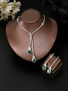 Bộ 3 dây chuyền pha lê kiểu tua rua giọt nước thời trang dành cho cô dâu và nữ, bộ trang sức thanh lịch phù hợp cho đám cưới, váy dạ hội cao cấp và các buổi tiệc sang trọng. - Hoa tai + Dây chuyền - Xem 7