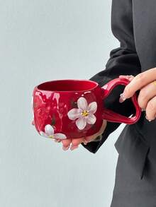 1pc Minimalist Handpainted Heart Ceramic Mug, Korean Ins Style Asymmetrical Handpainted Heart Ceramic Mug With Multicolor Heart, Cloud And Flower Patterns, Ideal For Afternoon Tea, Milk, Latte And Coffee - Multicolor - View 18
