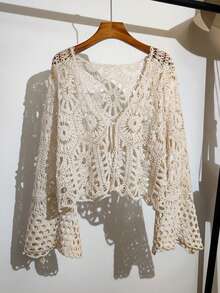 女士夏季波西米亚风钩针编织罩衫，手工镂空针织罩衫，喇叭袖设计，前系带，适合节日、海滩度假、母亲节礼物 - 杏色 - 查看 2
