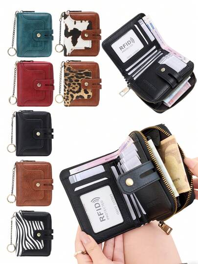 Cartera corta de mujer con cadena, monedero, diseño de bloque de color, múltiples ranuras para tarjetas, ligera y portátil, artículo esencial diario