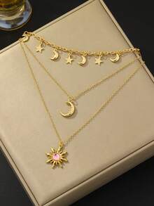 1pc Star, Moon, Sun Multi-Layer Necklace, Middle Eastern Eid Festival Gift, Summer Holiday Accessory - Sun - View 4