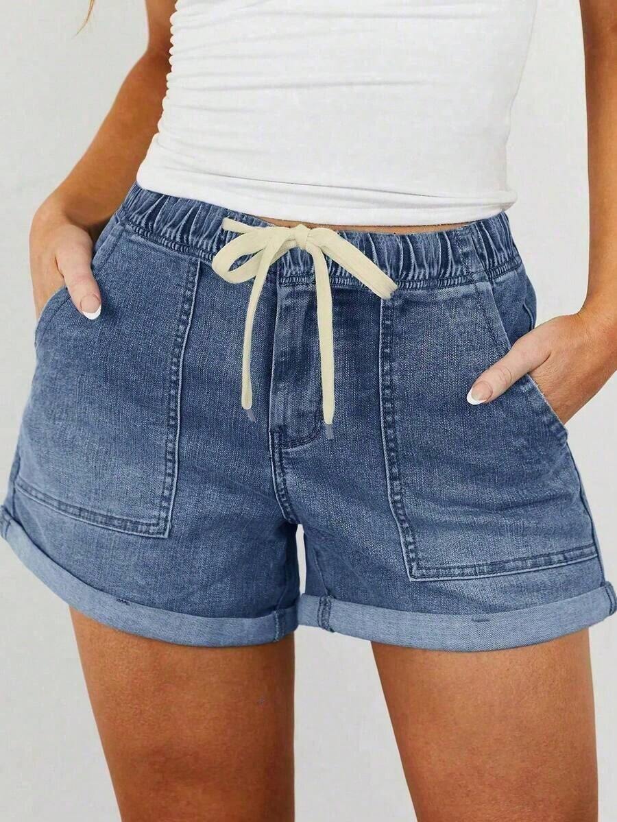 Women's Lightweight Summer Denim Shorts, Casual Loose Drawstring Elastic Waist, Cuffed Hem, Comfortable Vacation Denim Style - Màu xanh lam - Xem 1