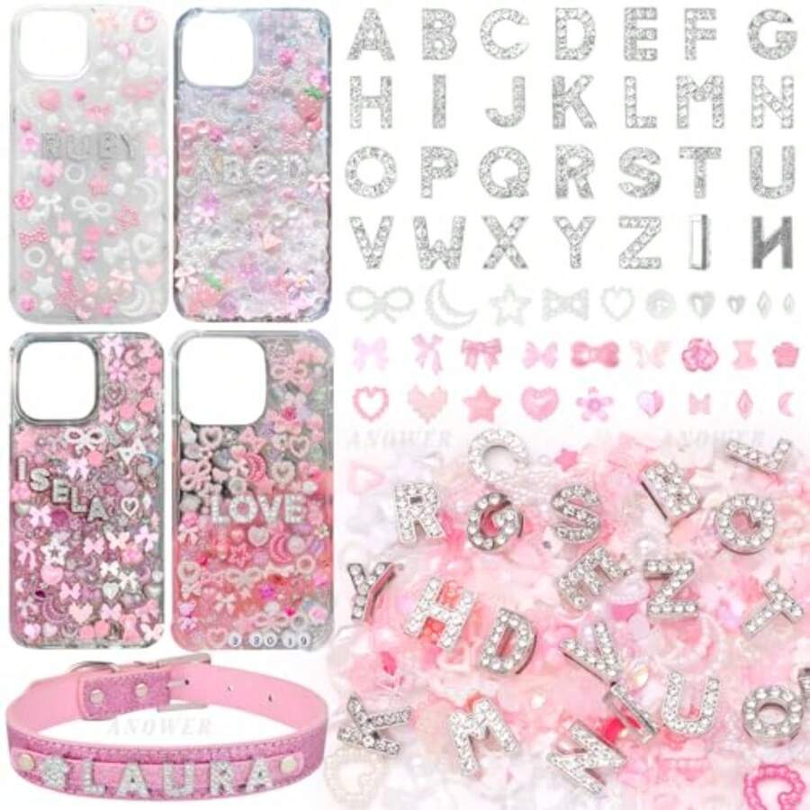 330 Pcs Junk Phone Case Charms 26 Pcs A-Z  Alphabet Letter Charm Mix Pink Color E Flower Bow Heart Pearls Flatback Resin Charms Letter Junk Cases Kit For DIY Crafts - 第二組 - 查看 1