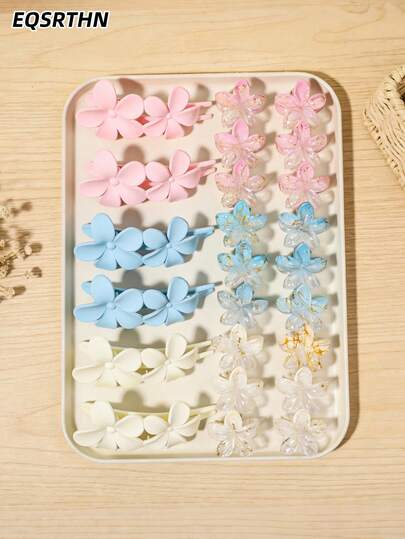 24件套甜美花朵发夹套装，哑光花朵鸭嘴夹和优雅金箔树脂迷你爪夹，适合女性和女孩日常造型的美观发饰，不勒头发的发夹，礼品套装。