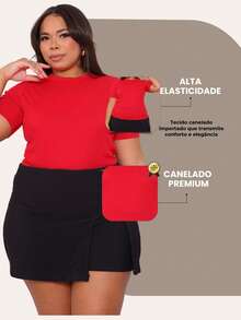 Women's Plus Size Ribbed Blouse Round Neck Elastic Comfortable Everyday Wear - Red - View 4