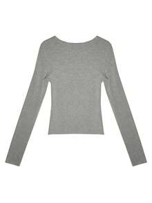 Twist Hollow 长袖T恤打底衫 - 灰色 - 查看 2