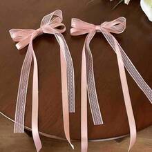 2pcs Ballet Style Ribbon Bow Hair Clips, Sweet Princess Duck Clip Bangs Hairpins - Pink - View 5