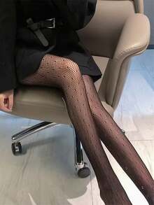 1pc Black Fishnet Stockings, Thin Hollow Pantyhose, Japanese Style Black Fishnet Tights For Women, Spring/Summer - Black - View 9