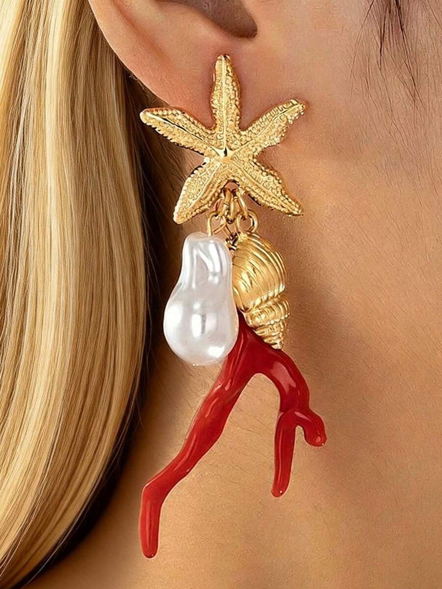 海洋微風珊瑚海星設計耳環 - 時尚獨特百搭金屬仿珍珠耳環 - 彩色 - 查看 1