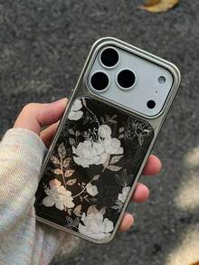 1 pieza Funda de teléfono con estampado floral de peonía blanca vintage elegante compatible con Apple 17, 16, Pro Max, 15, 14, 13, 12, 11, 17 ProMax, 16Pro, 15ProMax, 14Plus, con marco electrochapado y fondo negro estético - Negro - Ver 2