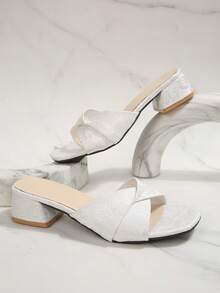 Giày sandal cao gót quai ngang mũi vuông, gót chunky, thời trang ngoài trời, tối giản, đa năng. - trắng - Xem 6