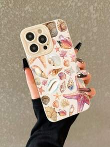 Seashell Painted Anti-Drop Beige Minimalist Protective Phone Case Compatible With IPhone 17/17 Pro, 16/15 XR/7/8, 16 Pro Max, 13/14/11/12 Pro Max, Galaxy, 10/9/Note 9/12C/Note 11 Pro/Note 8 Pro/9C/9A - Multicolor - View 4