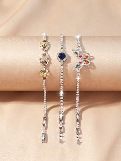 3件套女士银色网球手链套装 - 多色方形宝石双X设计，海军蓝蓝宝石主石，彩色蝴蝶吊坠，可爱可叠戴腕饰，低致敏性，适合敏感肌肤，意义非凡的周年纪念日、情人节、生日礼物，青少年适用