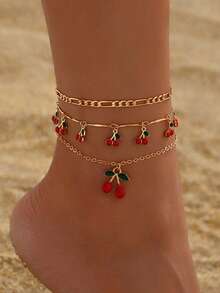 3pcs/Set Summer Sweet Cherry Pendant Anklet, Cute Cherry Tassel Foot Jewelry Set, Fashionable For Daily Casual, Beach, Party, Date Wear. Handmade Adjustable Length And Cherry Quantity - Multicolor - View 2