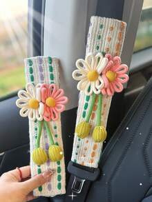 Cute Daisy Car Seat Belt Cover - Boho Woven Shoulder Pad, Flower Decor Seatbelt Strap Cover For Women, Aesthetic Car Interior Accessories - Various - View 7