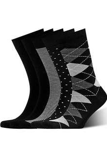 5 Pairs Men's High Crew Solid Color Sailor Socks, Business Socks, Plaid Socks, Quality Sports Socks, European Size, Long Socks, Black Socks, Blue Socks, Autumn & Winter, Fall - 黑色的 - 查看 1