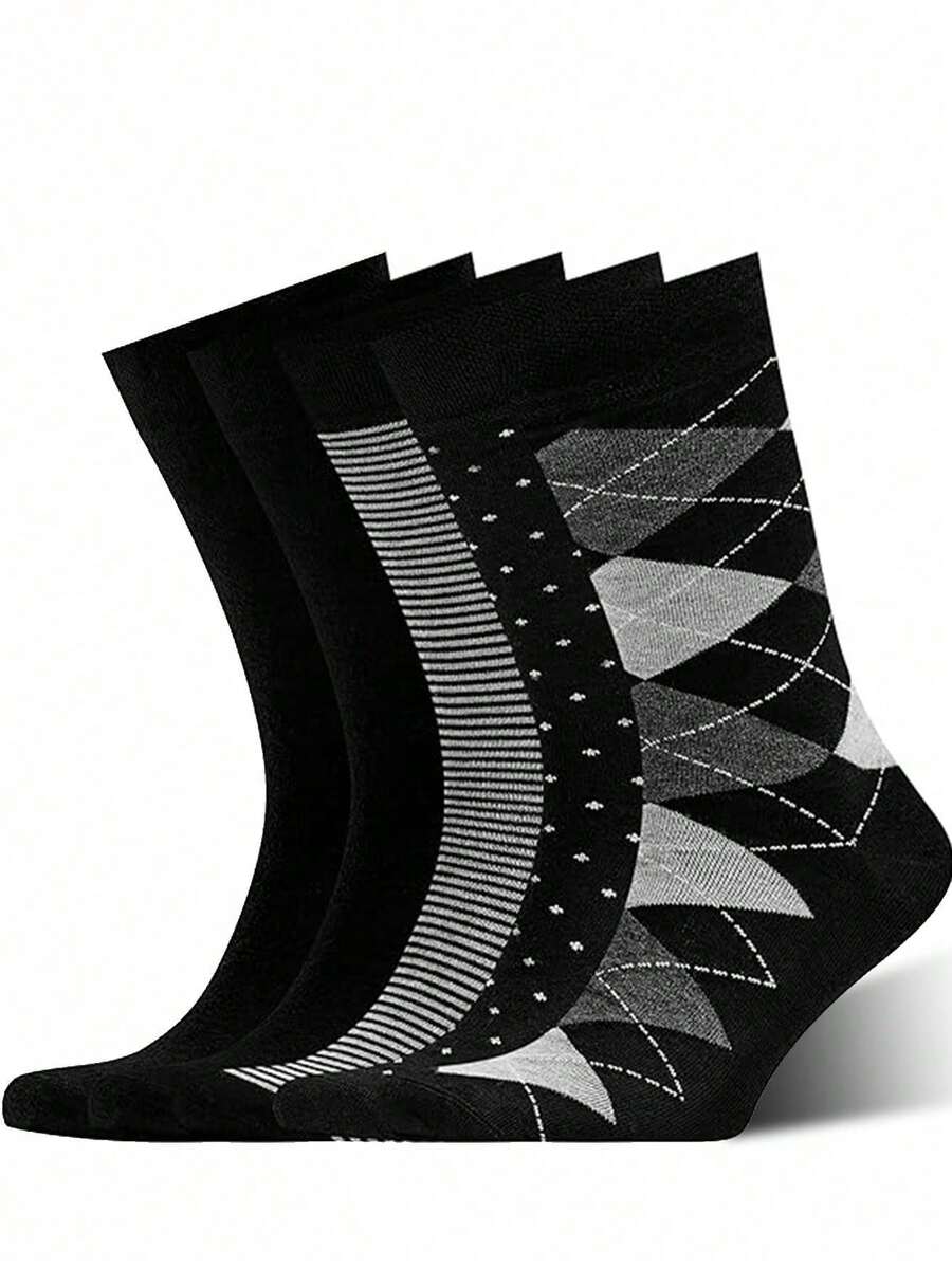 5 Pairs Men's High Crew Solid Color Sailor Socks, Business Socks, Plaid Socks, Quality Sports Socks, European Size, Long Socks, Black Socks, Blue Socks, Autumn & Winter, Fall - 黑色的 - 查看 1