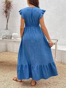 Maternity Casual Shirred Cap Sleeve Shirred Waist Ruffle Hem Dress - 綠色 - 查看 10