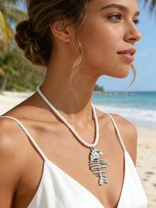 Fish Bone Pendant Twisted Rope Necklace | ZA Gold/Silver Tone Bohemian Easter Gift Beach Wedding Guest Everyday Wear Jewelry - Fish - View 5