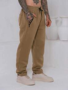 Men's Fleece Sweatpants / Zippered Pockets / Elastic Waistband - Khaki - View 2