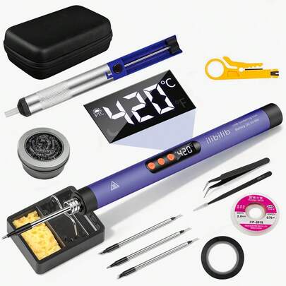 USB电烙铁套装，LCD数字可调温，HX7 ILIBILIB 5V 8W 260-420°C，30分钟无线快速加热，自动断电，3个烙铁头，吸锡泵，吸锡线，剥线钳，2个镊子，绝缘胶带，支架，皮套