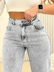 Plus Size Women Straight Leg Loose Casual Jeans With Pockets Spring - Grey - View 4