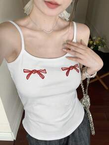 女士刺绣蝴蝶结休闲吊带背心 - 白色 - 查看 2