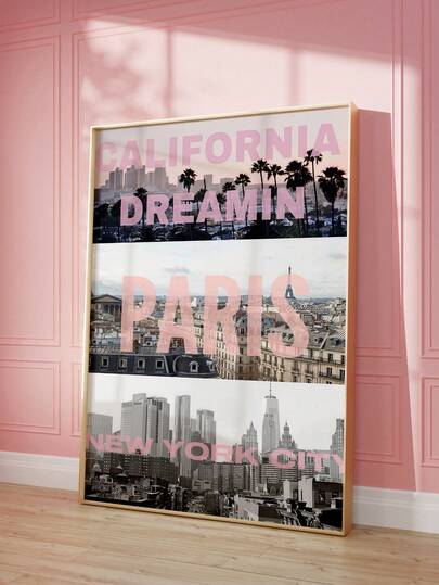 1pc Frameless Pink City Landscape Art Print Featuring London, New York, Paris, And California Cityscapes. A Retro Travel Poster, Perfect For A Girly Wall Decoration. Suitable For Bedrooms, Dorm Rooms, Living Rooms, Offices, Party Decorations, And As A Great Gift Choice, Birthday Present, Or Fun Poster.