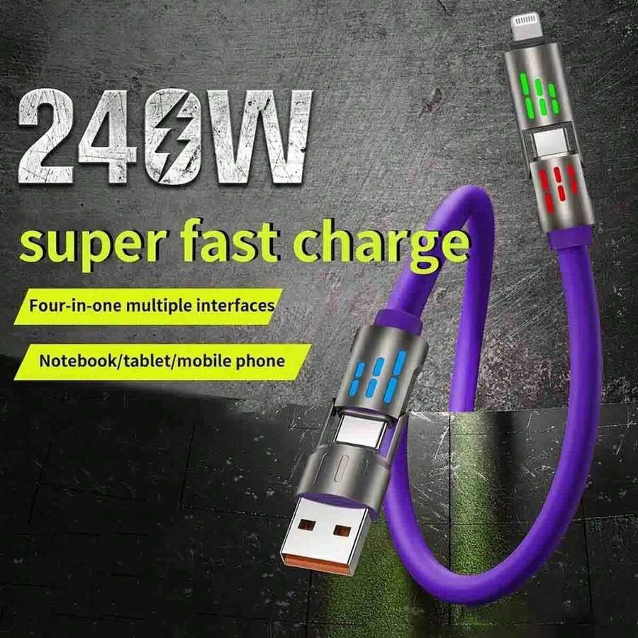 四合一铝合金快充线，液态硅胶发光耐用数据线，带USB/Type-C/Lightning接口，高效数据传输，兼容 17/16/15/14/13/12/11/Xs/Xr/8/7/6、S24 Ultra/S24/S23 Ultra/S23/S22/S21等机型。 - 紫色 - 查看 1