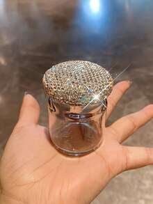 1pc Transparent Glass Storage Jar With Artificial Rhinestone Decor, Elegant Sealed Jewelry & Small Items Container, Ideal Travel & Gift Choice - Silver - View 10
