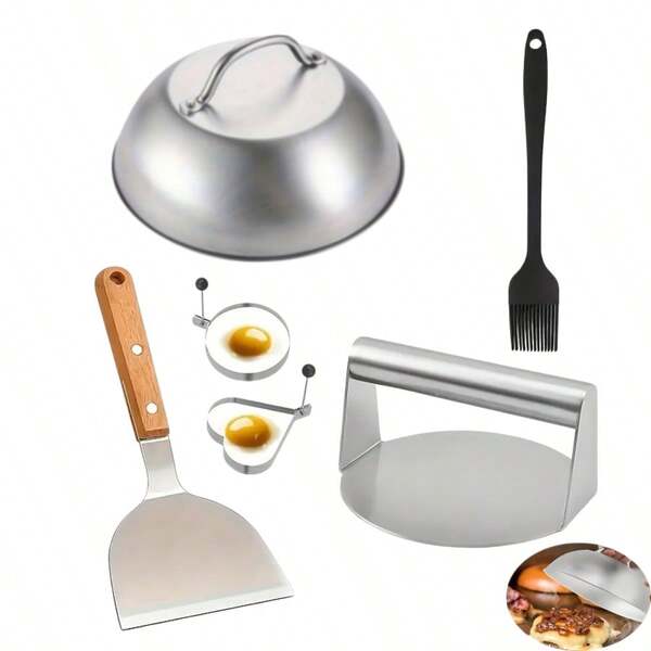 6pcs Stainless Steel Hamburger Press Set With Heat-Resistant Handle - Heavy Duty Burger Patty Maker, Oil Brush, Burger Metal Spatula, Baking Tray And Grill Cover Barbecue Tools, Flat Top Griddle Pan For Meat Products, Sandwiches And Meats - Essential Kitchen Accessory - Indoor & Outdoor