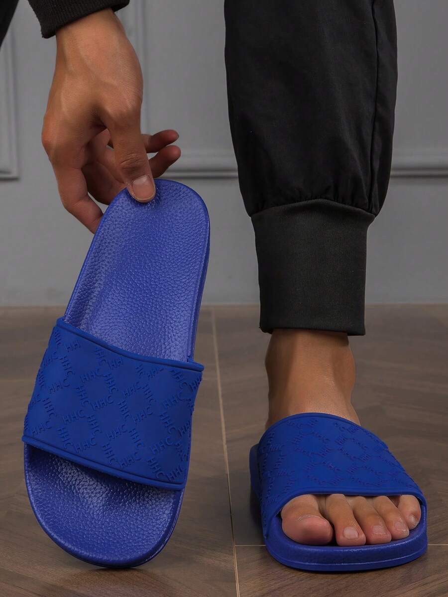 Men's Summer Quick-Dry Non-Slip Slippers, Open-Toe, Solid Color, Letter Print Design, PVC Material, Suitable For Indoor And Outdoor Use, Men's Home Slippers - Blue - View 1