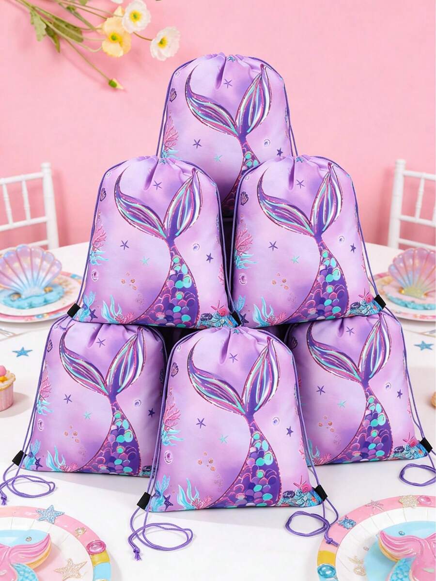 Set de regalo con tema de sirena morada de 6 piezas, que incluye bolsa de regalo, bolsa con cordón, mochila, bolsa, duradero y reutilizable, adecuado para fiesta de cumpleaños con tema de sirena, baby shower, mochila y bolsas de almacenamiento con tema oceánico
