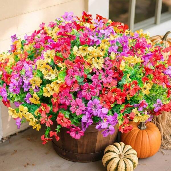 8 bông hoa giả chống tia UV dùng ngoài trời - Hoa cúc giả nhiều màu với lá xanh, chất liệu nhựa, thích hợp trang trí hiên nhà, sân thượng, sân vườn, bệ cửa sổ (ít cần bảo dưỡng)