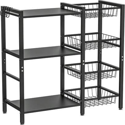 Storage Rack Kitchen Baker's Rack - 3 Tiers 4 Baskets, Utility Coffee Bar, Fryer Stand With Steel Mesh Baskets