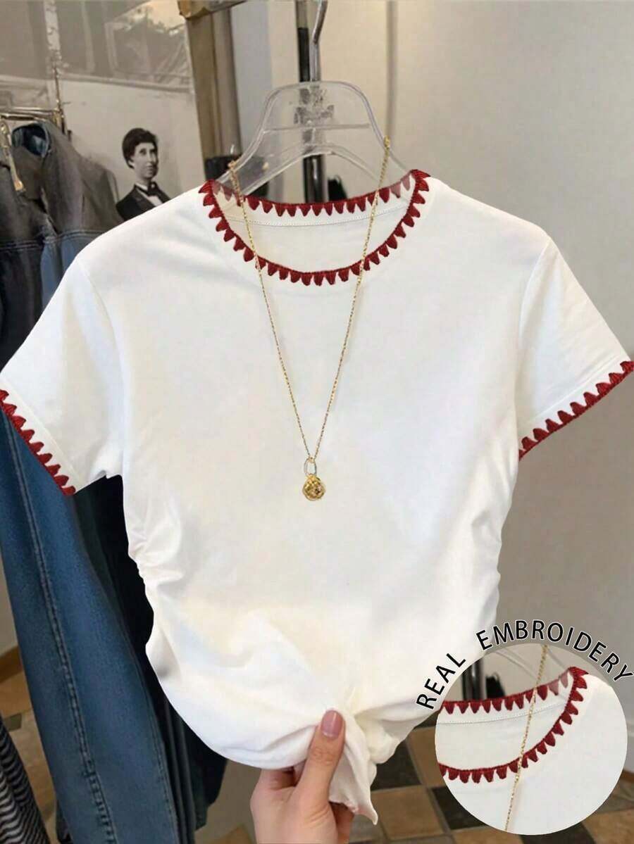 Camiseta casual versátil de mujer con cuello redondo y manga corta plisada - Blanco - Ver 1