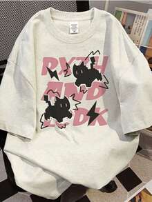 Japanese Style Loose Street Fashion Rabbit Graphic Print Short Sleeve T-Shirt, Summer - Light Grey - View 4