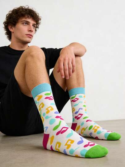 1켤레 남성용 다채로운 음표 패턴 중간 종아리 양말, 모든 계절에 다용도