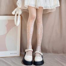Patterned Stockings, And Alluring, White Stockings, Anti-Snag, Popular Online, JK Black Printed Stockings - Hoa trắng - Xem 9