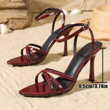 Giày sandal cao gót mũi nhọn quai chéo màu đỏ tía thanh lịch dành cho nữ, giày cao gót hở mũi tối giản bằng da bóng gợi cảm cho các bữa tiệc. - Màu Đỏ Sâu - Xem 8