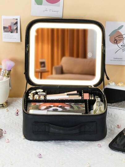 AC22 Estuche de Maquillaje con Espejo y Luz en 3 Colores, Estuche de Viaje para Maquillaje con Espejo Portátil Iluminado Organizador de Cosméticos, Regalo de Cumpleaños para Niñas y Mujeres