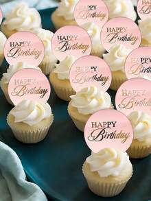 10pcs Rose Gold Mirror Acrylic Cupcake Toppers, Happy Birthday Cake Plate Decorations, Round Birthday Party Dessert Baking Cake Decor - Rose Gold - View 7