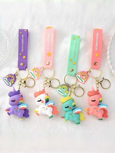 Llavero de unicornio arcoíris mágico, accesorio de bolso de goma suave 3D, lindo y colorido, regalo de cumpleaños para niños