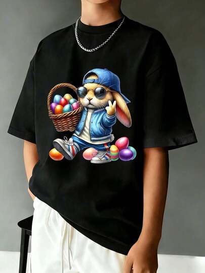 Tween Boy Easter Bunny Cartoon Print T-Shirt, Suitable For Holiday Wear, Casual Wear, Streetwear, Fashionable Summer Top For Boys. Ideal Easter Gift For Kids, Perfect Outfit To Celebrate Happy Easter!