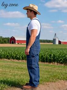 Men's Slim Fit Denim Overalls, Classic Adjustable Strap Full-Length Jumpsuit With Practical Pockets, Durable Casual All-Match Fashion Outfit, Machine Washable All-Season Daily Wear - 藍色 - 查看 6