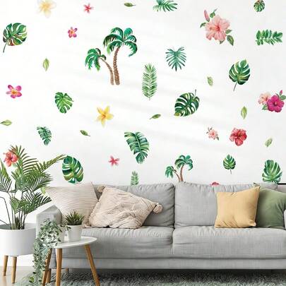 BRUP Bộ 1/2/4 tờ giấy dán tường Jungalow phong cách Boho nhiệt đới, hình lá Monstera và hoa hồng vàng, thích hợp trang trí phòng ngủ, phòng khách, phòng tắm, có thể bóc dán dễ dàng, chủ đề rừng nhiệt đới mùa hè.