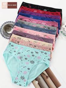 12-Piece Plus-Size Women's Mid-Rise Floral Print Briefs, Elegant Patterns, High Density Breathable Moisture Wicking Stretchy Cotton Fabric, Comfortable Elastic, Stylish Assorted Colors, Perfect For Casual & Everyday Wear - 彩色 - 查看 1