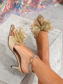 女士金色亮片欧根纱蝴蝶结尖头细高跟穆勒凉鞋，优雅夏季派对鞋 - 金色 - 查看 2